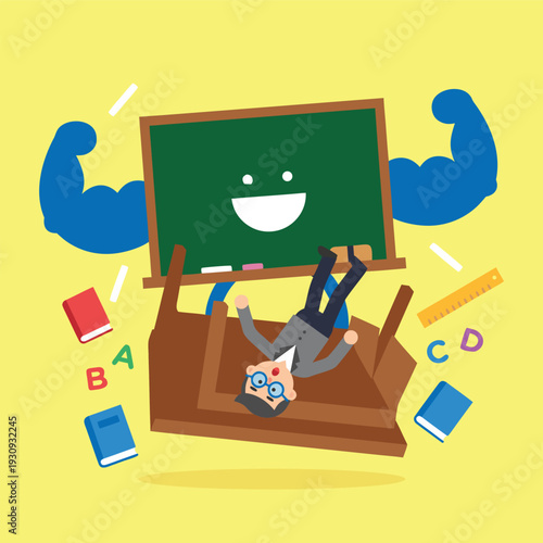 Funny cartoon teacher falling off desk with strong blackboard.