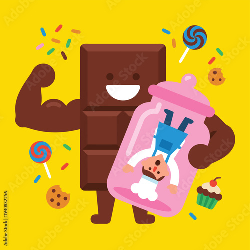 Funny Chocolate Bar Character Holding Baby Bottle.