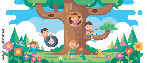 Joyful children playing together in a big tree, swinging, singing, and exploring a colorful park filled with flowers.