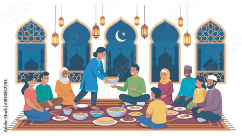 Diverse group of people sharing a traditional meal together in a festive setting with lanterns and mosque silhouettes.