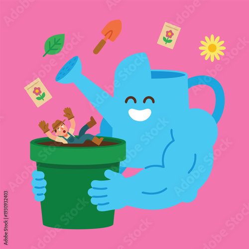 Gardening Metaphor - Watering Can Nurturing a Tiny Person in a Pot.