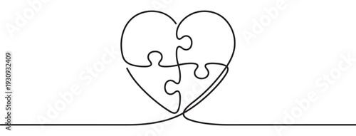 Heart puzzle continuous line drawing illustration symbolizing love, connection, and unity in a minimalist graphic style.