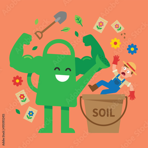 Gardening watering can character flexing muscles with gardener falling into soil bucket.