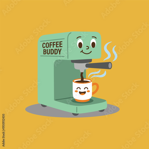 Cute Coffee Machine Character Making Coffee.
