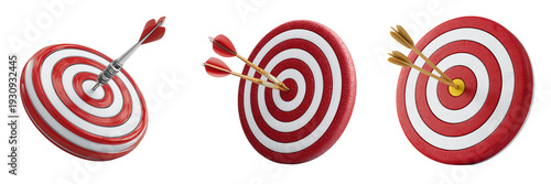 Set of A red dart embedded precisely in the bullseye, dartboard on transparent png background. Ai generated