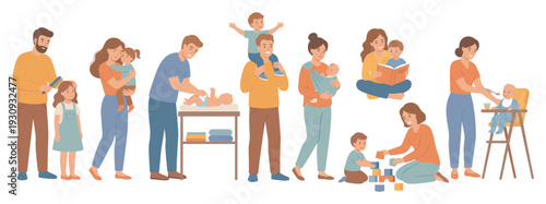 Parents and children engaging in various daily childcare activities, showing love, care, and development through different stages of family life.
