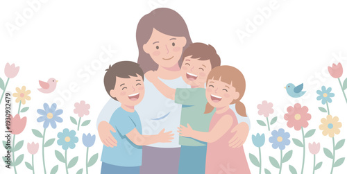 Happy mother and children embracing surrounded by colorful flowers and birds in a cheerful spring illustration.