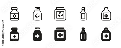 Medical pill bottles and containers icons.