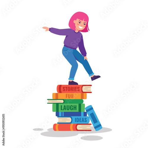 Girl balancing on stack of books representing learning and knowledge.
