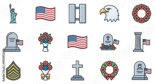American patriotic military remembrance icons set features symbols of freedom, honor, and sacrifice for national holidays and commemorations.
