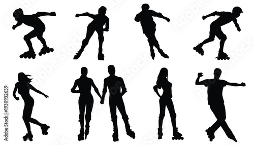 Group of rollerblading people silhouettes in motion isolated on white background