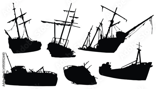 Group of shipwrecked sailing ships and boats in silhouette against white background