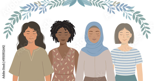 Diverse women standing together peacefully with closed eyes, celebrating unity, wellness, and a harmonious global community.