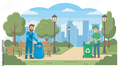 Two men cleaning park environment, collecting garbage and recycling waste to maintain a healthy and sustainable outdoor space.
