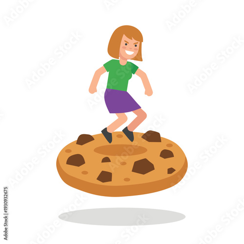 Girl jumping on a giant cookie.