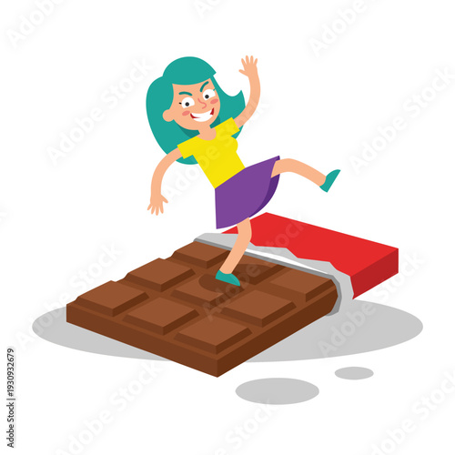 Girl jumping on a large chocolate bar.