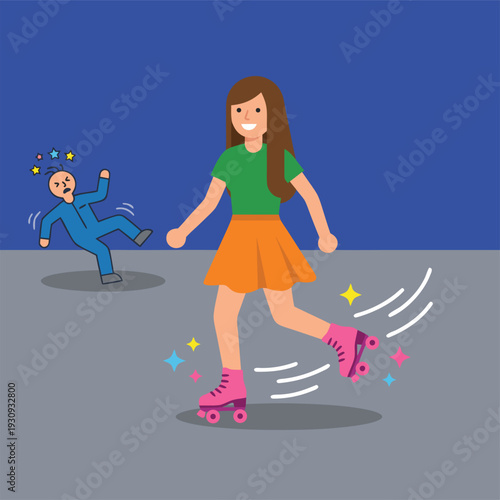 Girl on Roller Skates and Man Falling Down.