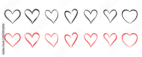Heart shape icons in black and red, hand-drawn outline hearts for love and emotion symbols