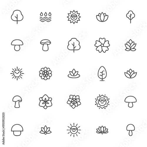 Nature and flora icons tree flower lotus water sun mushroom symbols