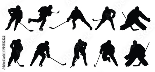 Hockey players silhouettes performing various actions on ice including skating shooting and goalie defense
