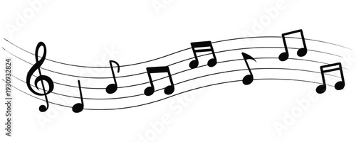 Musical staff with flowing notes and treble clef creating a dynamic rhythm