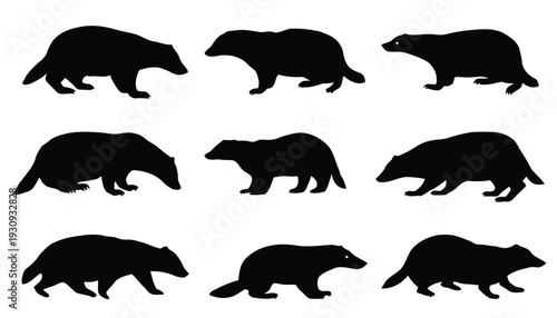 Nine silhouette images of badgers in different poses on a white background