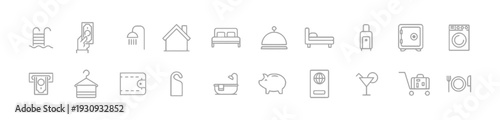 Hotel service icons, outline set of amenities and facilities for hospitality industry