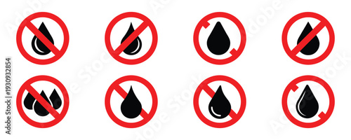 No water drop icons in red prohibition circles wet warning symbols