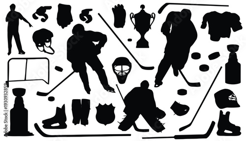 Ice hockey equipment and players silhouettes for sports design