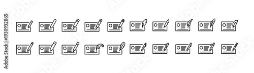 Icons depicting checks and writing instruments like pens and pencils