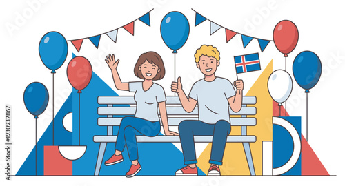 Happy young couple celebrates national holiday with festive balloons and decorative bunting, showing their patriotic spirit.