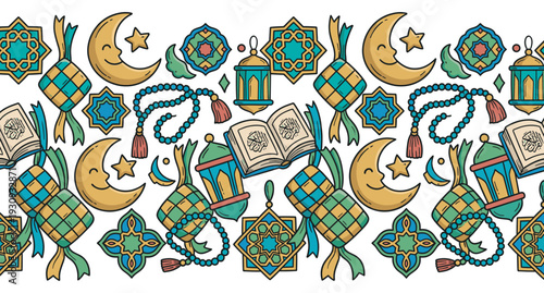 Islamic Ramadan Eid celebration elements form a delightful seamless pattern perfect for festive holiday designs.
