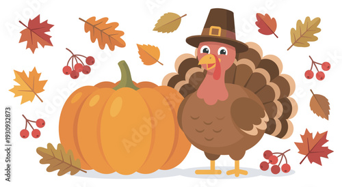 Cartoon turkey and pumpkin surrounded by autumn leaves and berries, celebrating the festive spirit of Thanksgiving.