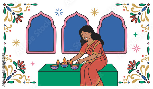Indian woman lighting traditional oil lamps for celebration, surrounded by festive cultural decorations and arched windows.
