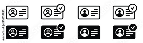Identification card with user profile and check mark icon set