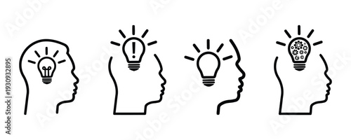 Idea light bulb icons in head silhouette representing thinking creativity innovation inspiration