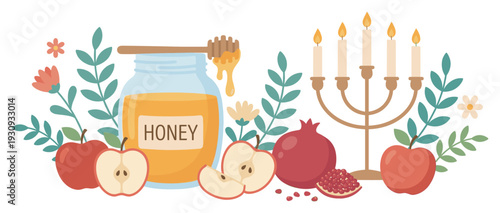 Honey, apples, pomegranates, and candles are traditional symbols beautifully arranged in a vibrant illustration for the Jewish New Year holiday.