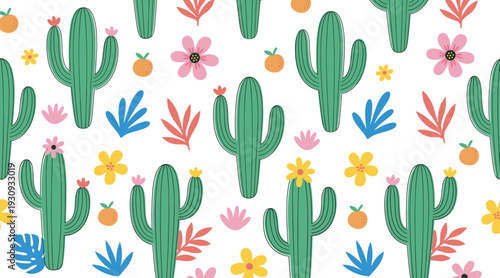Green cacti pattern with colorful blooming flowers and leaves creating a vibrant and cheerful desert-inspired illustration for textiles or decor.