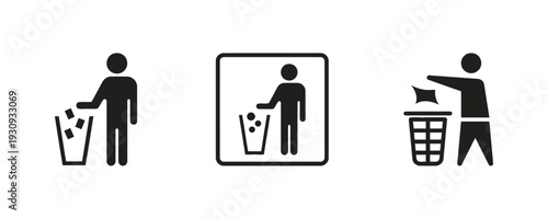 Person throwing trash into a bin waste disposal icons set