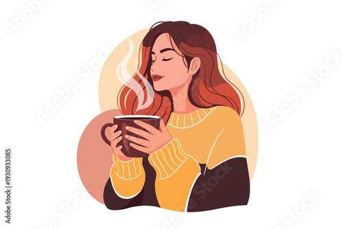 Woman Enjoying Hot Coffee in Cozy Yellow Sweater Flat Vector Illustration