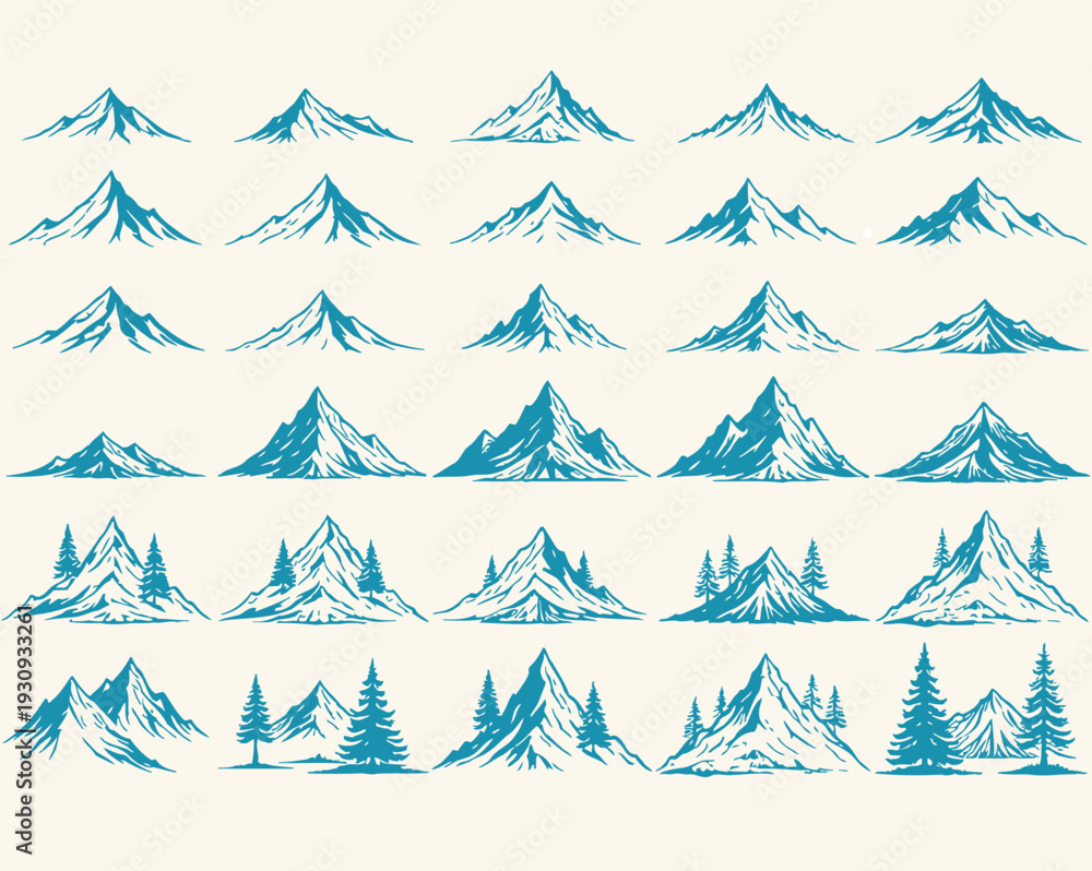 Obraz premium Set of Artistic Mountain Range Illustrations in Vintage Style on Light Background