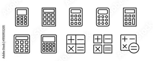 Mathematical calculator line icons for accounting and financial planning
