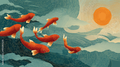 Minimalist Koi Fish Swarm Flowing Along Abstract Japanese River with Bold Orange Sun Vector Poster Background
