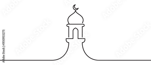 Mosque minaret dome crescent moon continuous line art illustration representing Islamic architecture and religious symbolism for spiritual design.