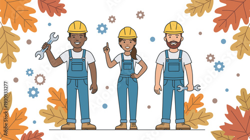 Three diverse workers wearing hard hats and overalls are ready for autumn maintenance work surrounded by fall leaves and gears.