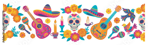 Mexican Day of the Dead celebration elements create a vibrant festive border illustration featuring traditional cultural symbols like sugar skulls and marigolds.