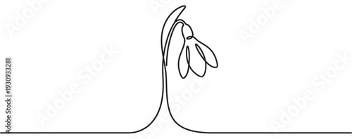Delicate snowdrop flower drawn in a continuous line art style gracefully emerges from a single flowing stroke, symbolizing purity and new beginnings.