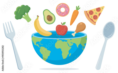 Earth bowl filled with diverse food items represents the global challenges and opportunities in nutrition and healthy eating.