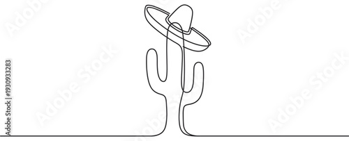 Continuous line drawing saguaro cactus wearing a sombrero hat, symbolizing Mexican culture and desert plant life.