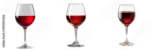 Set of A perfectly filled red wine glass on a white background, subtle shadows, clean composition on transparent png background. Ai generated